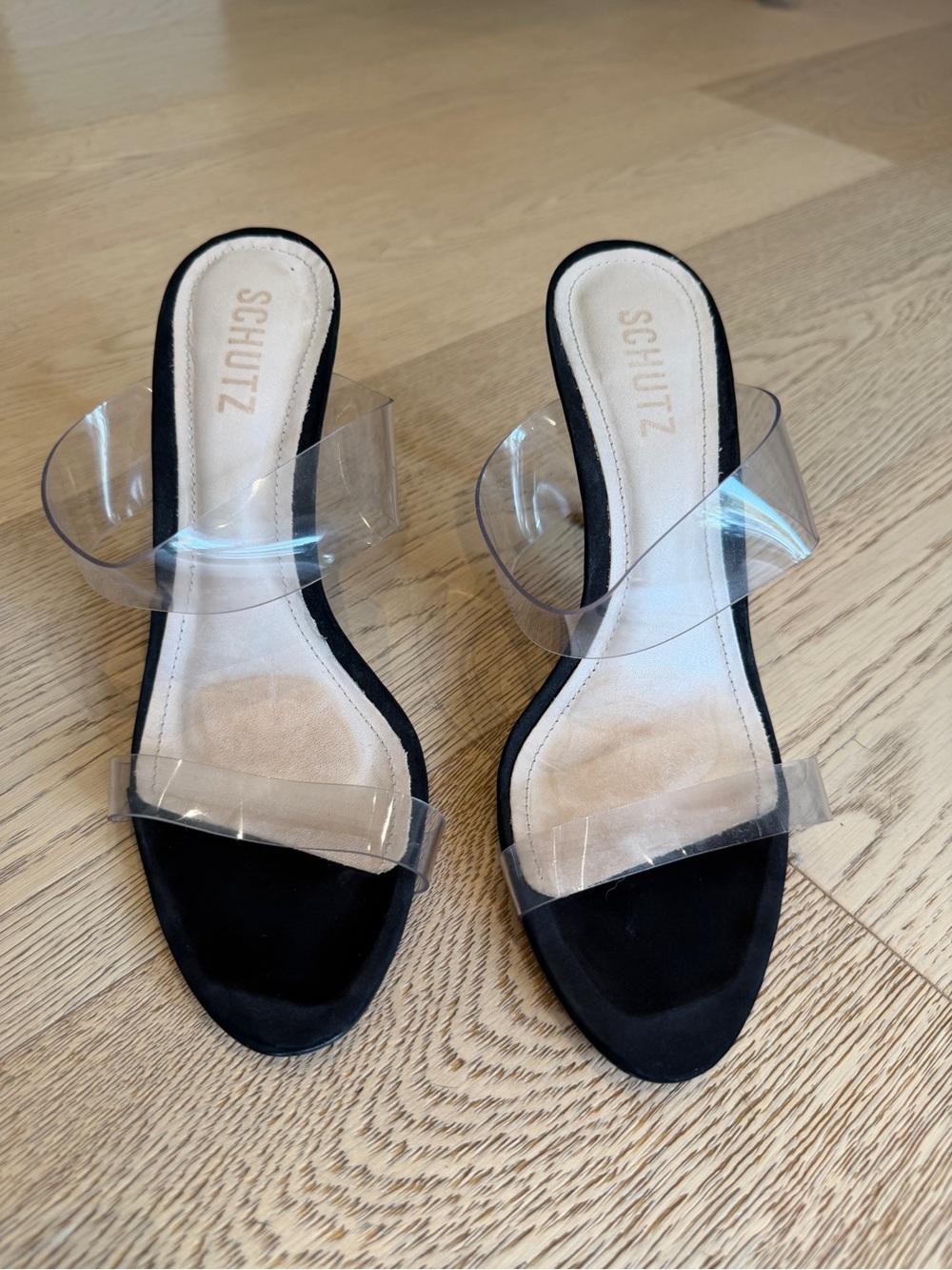 SCHUTZ Black Suede Clear-Strap Heeled Mules